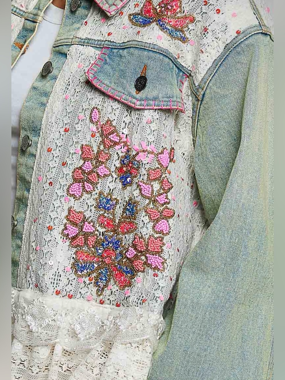 POL Embellished Beaded & Lace Denim Jacket - Picture 4 of 5